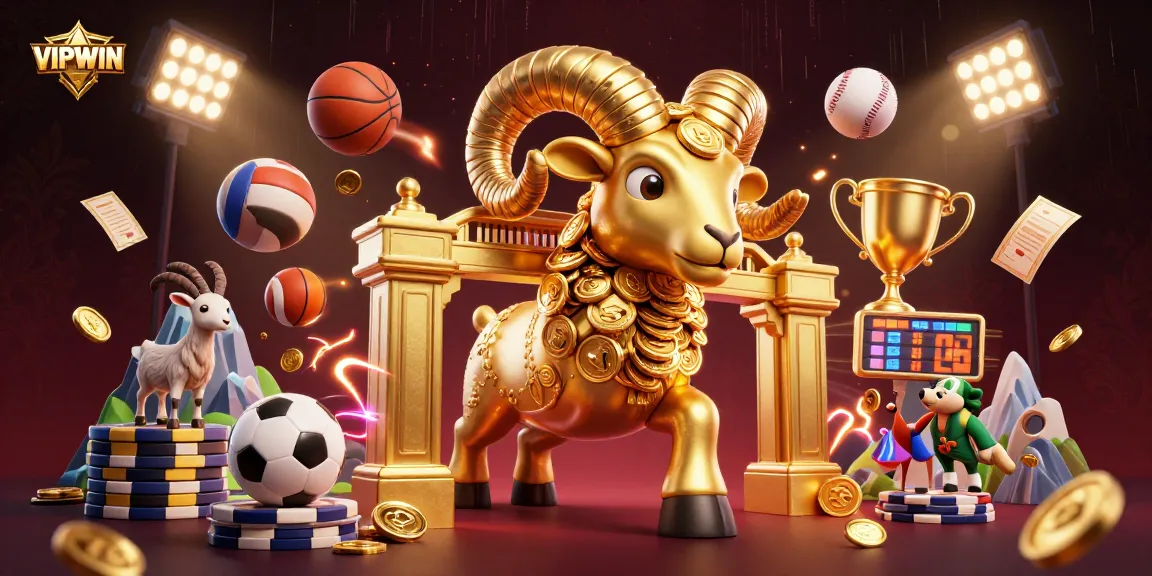 Engage with VIPWIN's vibrant gaming world featuring a golden ram and sports elements.