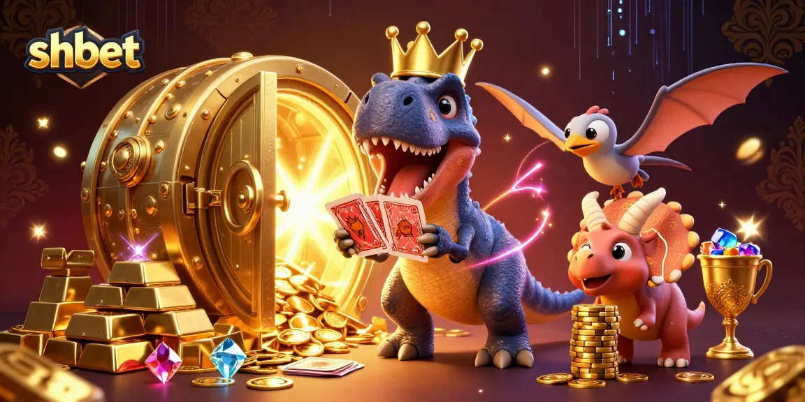 Experience thrilling moments at shbet with a T-Rex shuffling cards while a triceratops stacks golden chips.