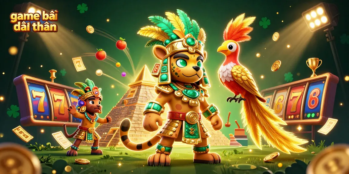 Experience the excitement of game bài đổi thưởng with vibrant characters, slot elements, and festive atmosphere.