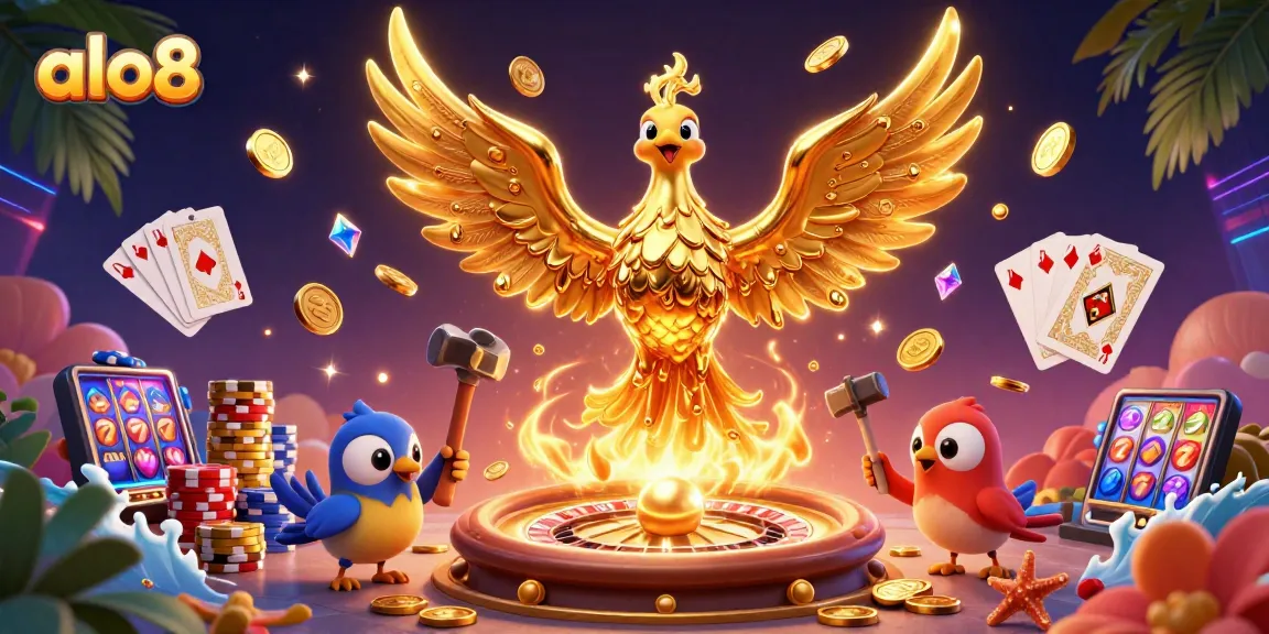 Experience the allure of alo8 as a molten phoenix emerges from the forge, surrounded by vibrant casino elements.