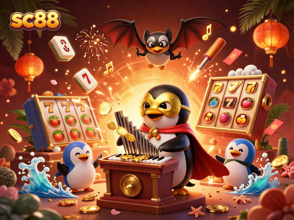Engage with sc88's thrilling slot games featuring a penguin organist amidst rich casino elements.