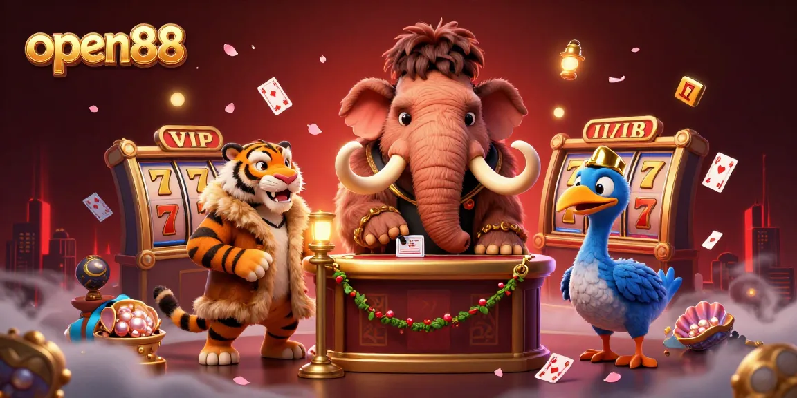 Experience open88's exciting gaming scene with a woolly mammoth bouncer, VIP saber-tooth tiger, and lively game elements.