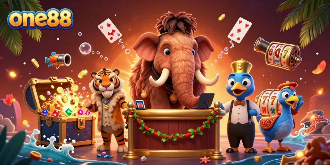 one88 invites excitement in a vibrant casino scene featuring a mammoth bouncer checking IDs and treasures filling the scene.