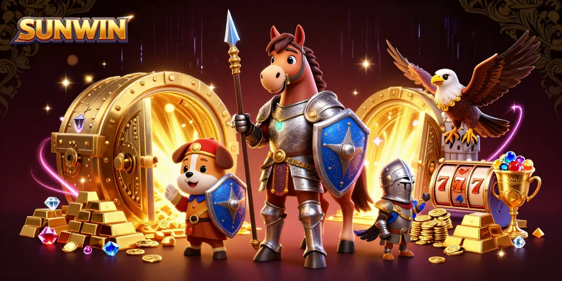 SUNWIN captures an adventurous knight, puppy, and falcon amidst casino treasures bursting with gold and jewels.