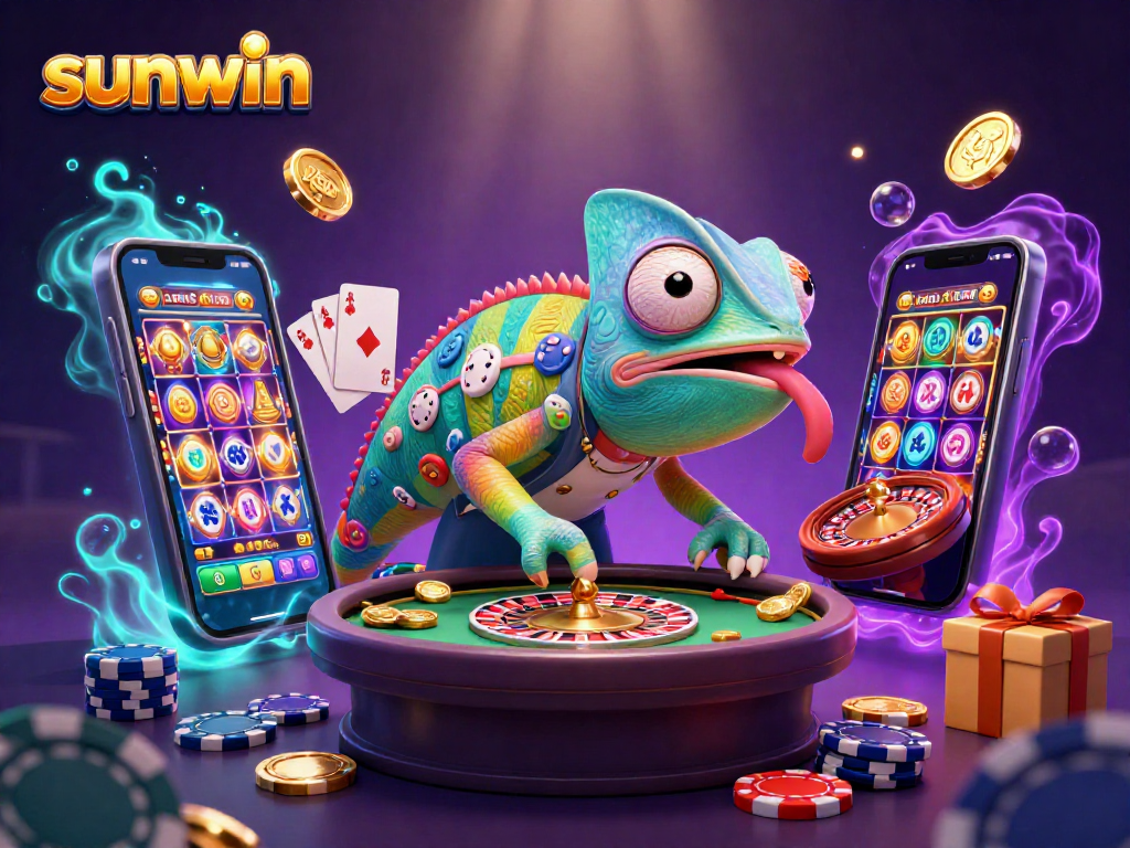 Experience vibrant gameplay at sunwin with a chameleon casino owner amidst spinning slots and poker elements.