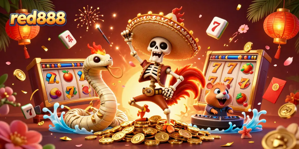Join the festive celebration at red888 with a skeleton mariachi rooster and vibrant casino elements.