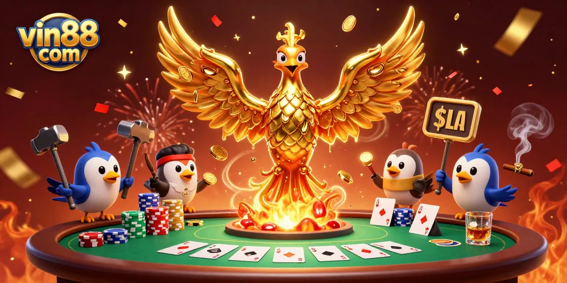 Experience the excitement at vin88 com with a vibrant 3D casino scene of winning cards and golden phoenix!