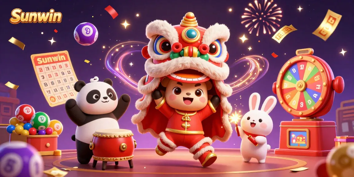 Sunwin offers exciting game action with a vibrant 3D scene of a lion dance, lottery balls, and festive decorations.