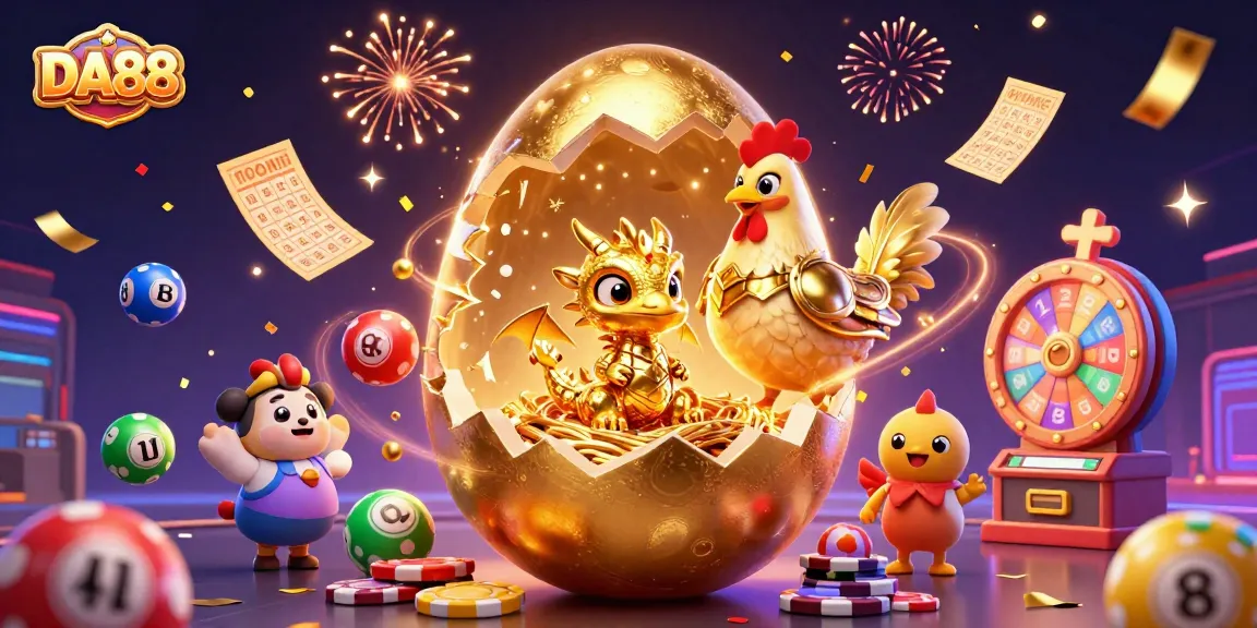 Engage with DA88's vibrant 3D illustration of a golden dragon amid lottery and casino elements.