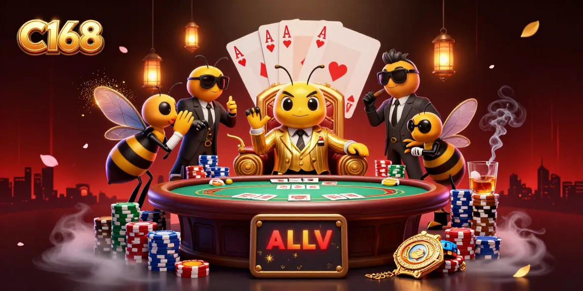 C168 casino scene featuring a bumblebee mob boss and wasp bodyguards engaging at a poker table surrounded by vibrant casino elements.