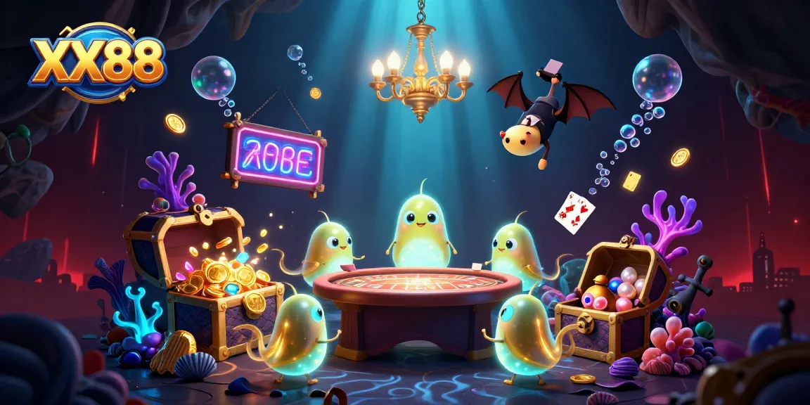 Experience the vibrant 3D scene of XX88 casino, illuminated by glowing glowworms and treasures.