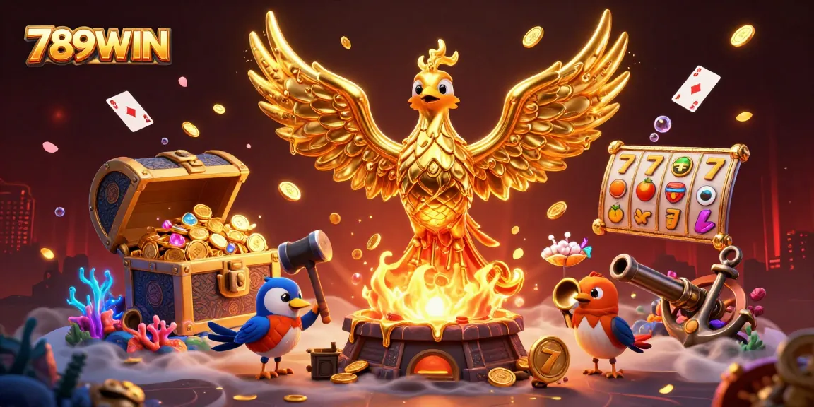 Experience the thrill of 789WIN with golden phoenix and dynamic slot elements in a vibrant casino scene.