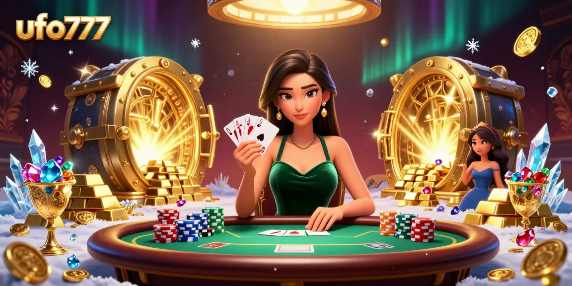 Engage with thrilling poker action at ufo777, showcasing a focused player with cards at a luxurious casino.