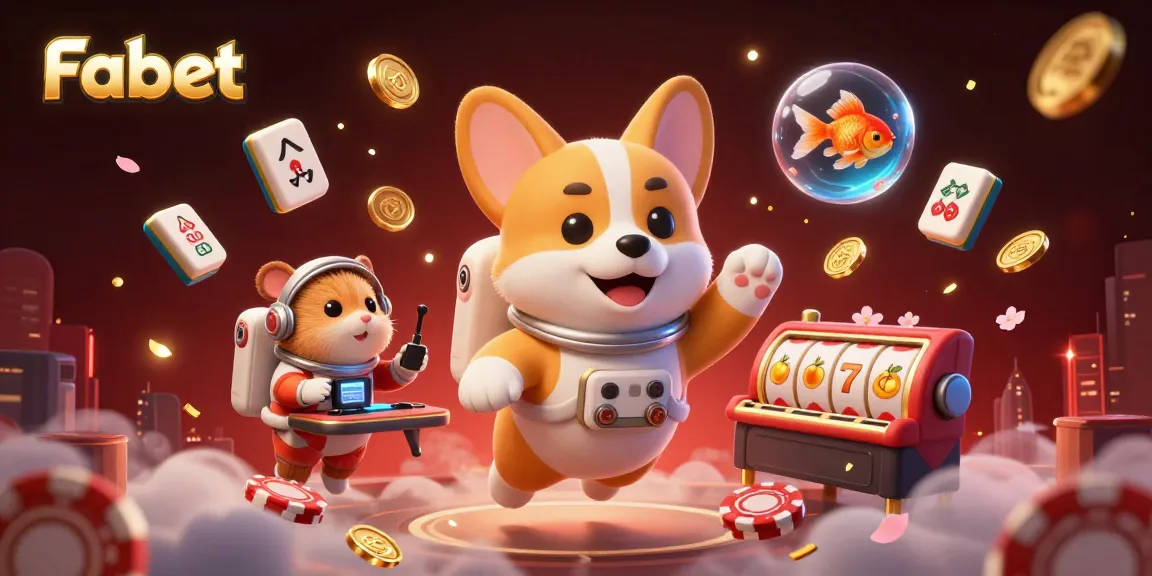 Fabet adds excitement with a vibrant casino scene featuring an astronaut corgi, spinning slot reels, and floating mahjong tiles.