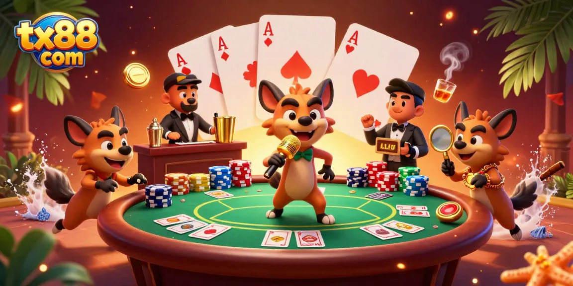 Enjoy dynamic gaming at tx88 com with a vibrant 3D casino illustration featuring hyena characters in action.