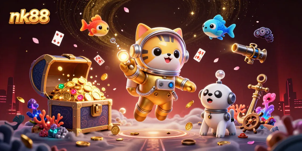 Experience thrilling gameplay at nk88 with vibrant visuals of gaming elements and space characters.