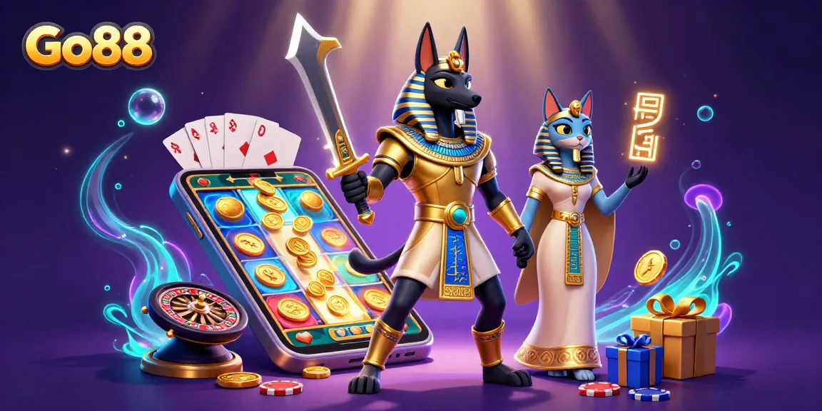 Experience the exciting world of Go88 with a dynamic illustration featuring an Egyptian warrior alongside gaming elements.