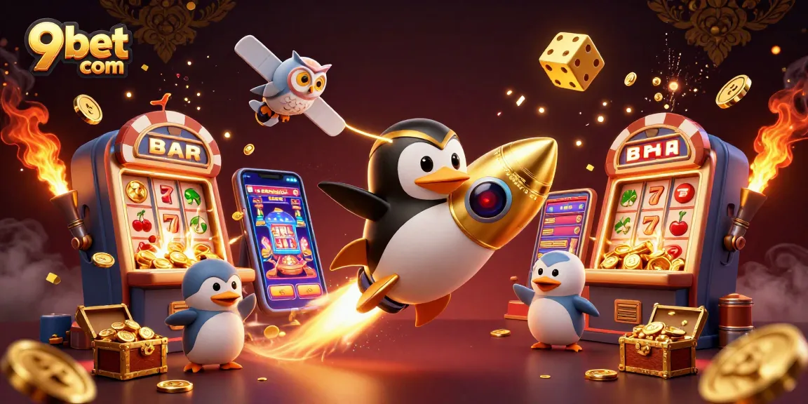 Experience the adventure at 9bet com with a golden penguin navigating through the casino cosmos.