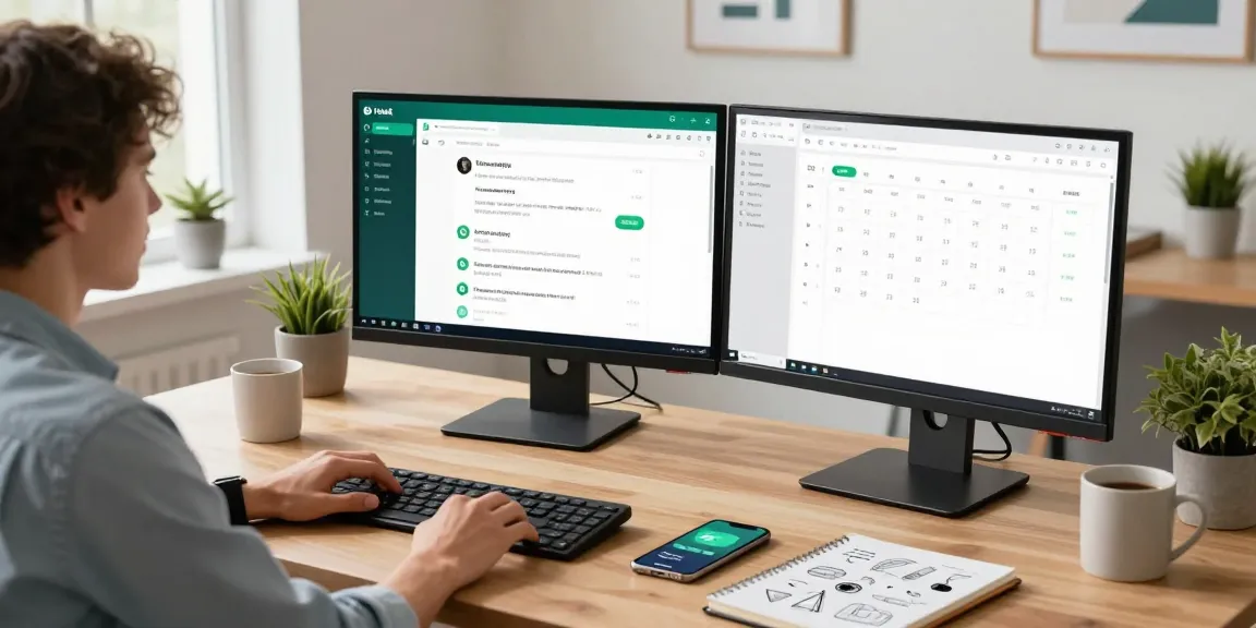 Using WhatsApp電腦版 on a desktop, showcasing productivity tools in a modern office.