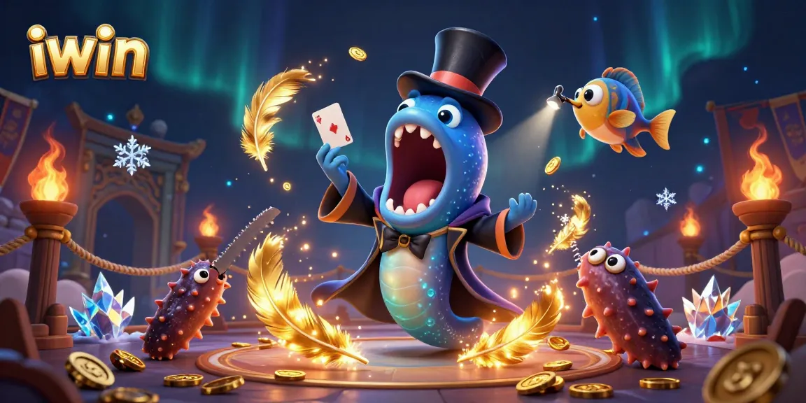 Experience thrilling gaming adventures with iwin as a deep-sea gulper eel performs magic tricks in a vibrant casino scene.