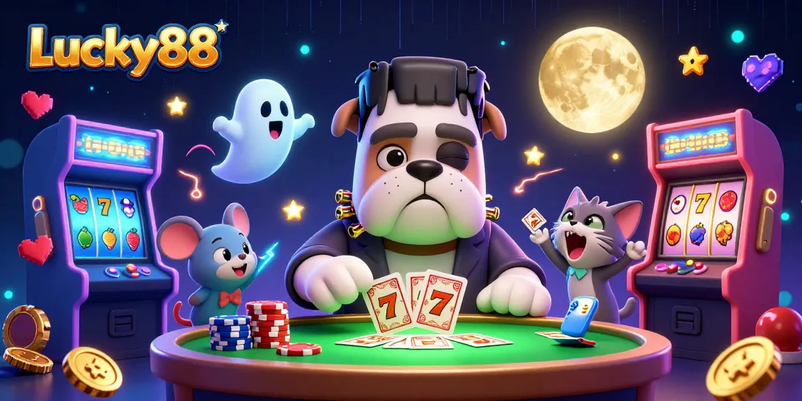 Join Lucky88's thrilling card game with a monstrous dealer and a magical scene.