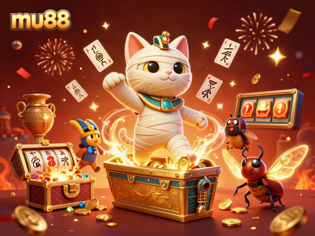 Play exciting games at mu88 with the engaging golden sarcophagus scene featuring vibrant casino elements.