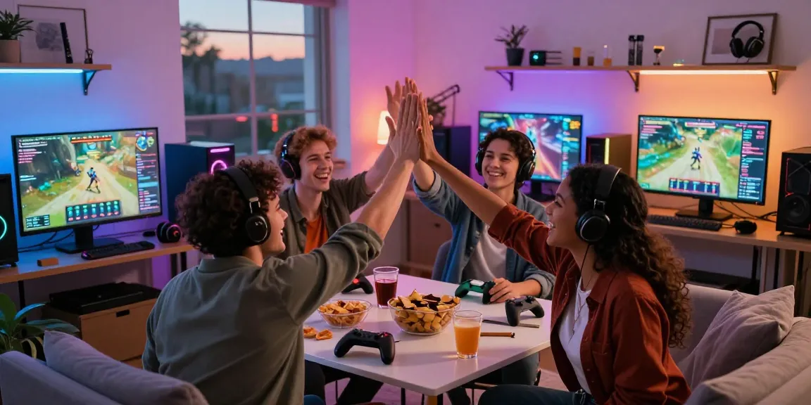 Grup gamer merayakan kemenangan besar di platform rajaslot 20 dengan suasana ceria dan aksesori gaming.