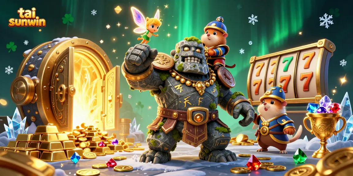 Experience the excitement of tai sunwin gaming with a dynamic 3D illustration of a magical scene featuring unique characters and casino elements.