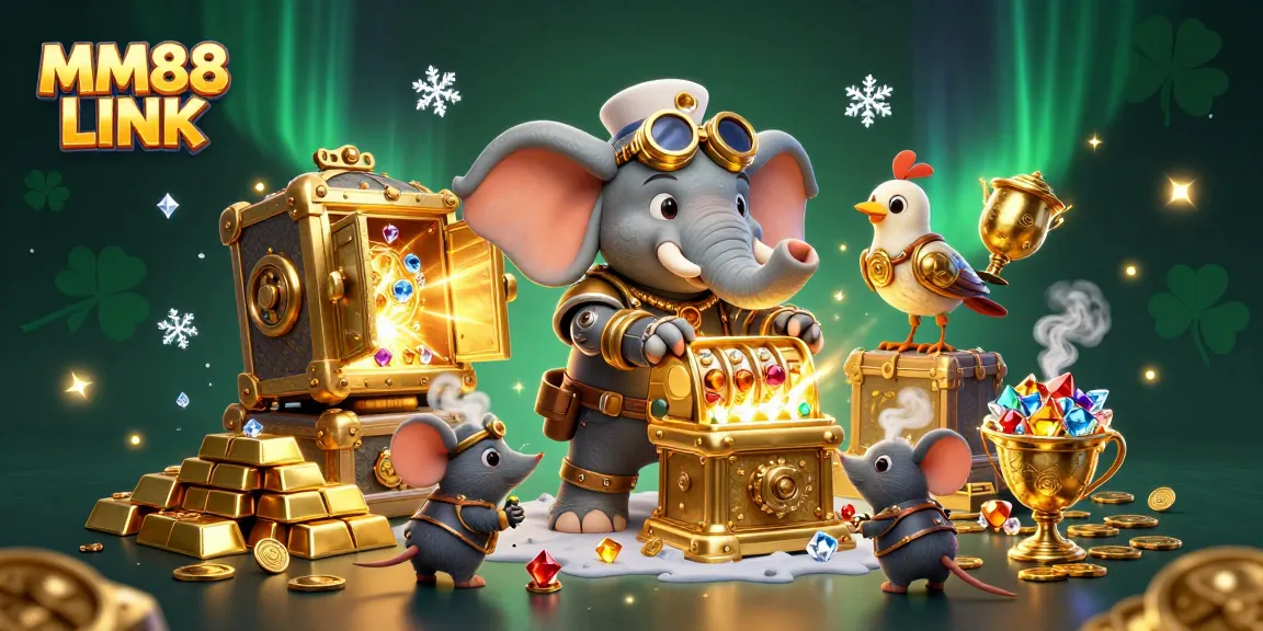 Spin the reels with MM88 LINK, featuring a steampunk elephant amidst treasures and luck in a vibrant casino scene.