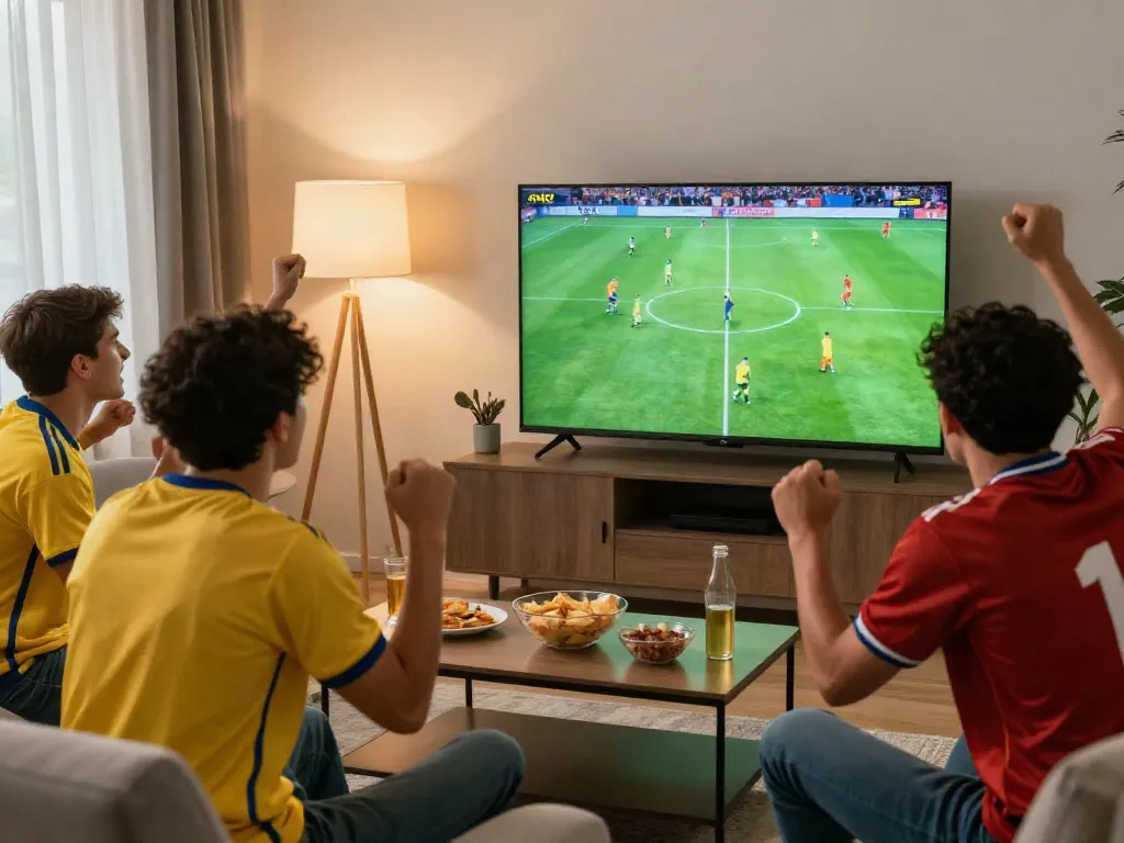 Cheering fans watching a live football match on gavangtv.life in a cozy living room.