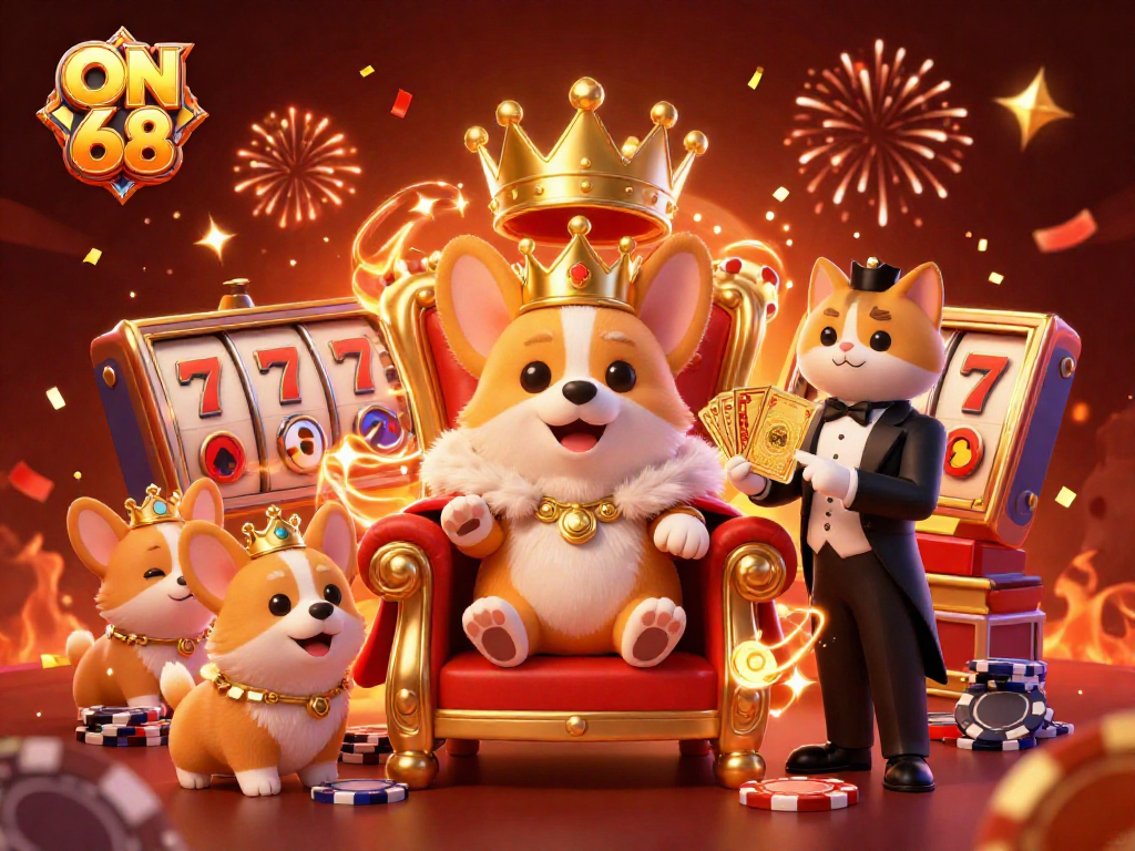 Experience the exciting world of ON 68 with a winning combination of royal corgis, slot reels, and vibrant casino elements.