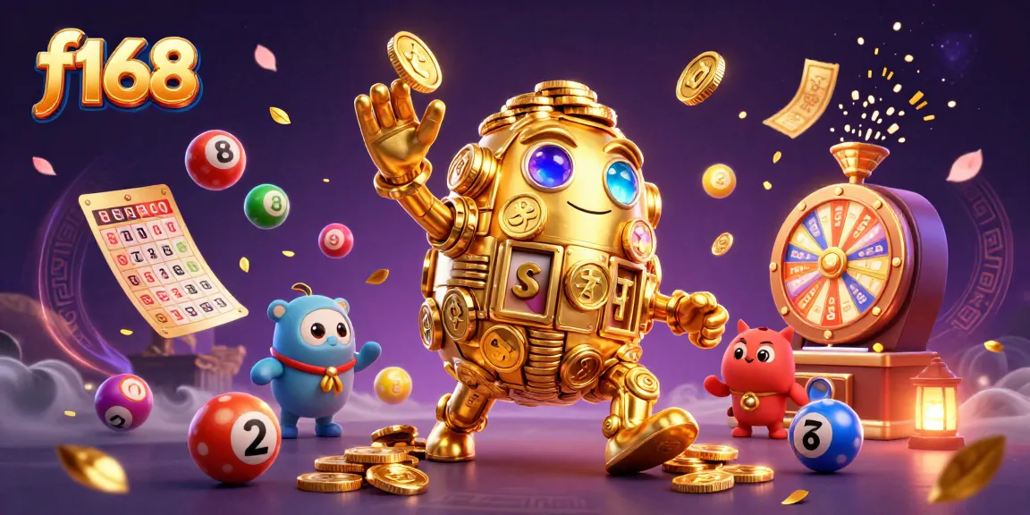 Engage with lively f168 gaming action, featuring a mystical golden golem and dynamic lottery elements.