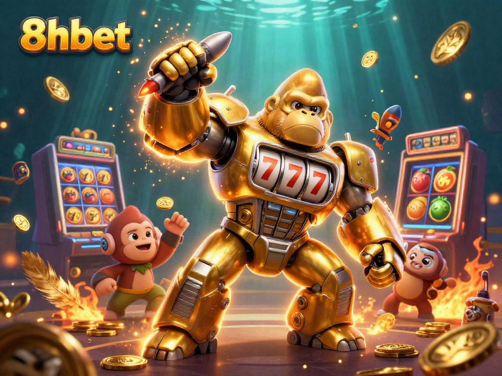 Experience the thrill of slots with 8xbet's ultra-detailed 3D golden mech smashing jackpots.