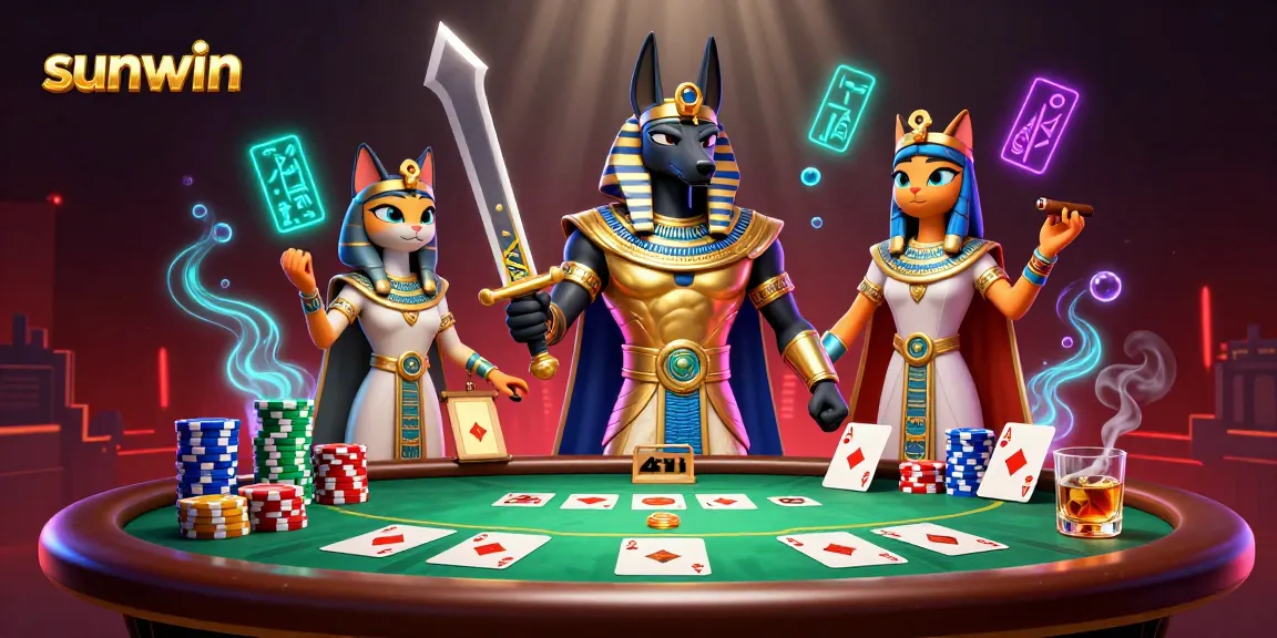 Experience thrilling poker action with sunwin's vibrant 3D scene featuring Anubis and Bastet.
