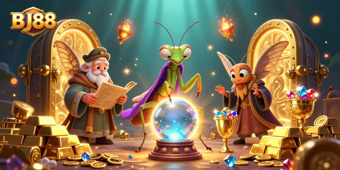 Experience the thrill of BJ88’s vibrant casino world surrounded by treasures and fortune-telling magic.