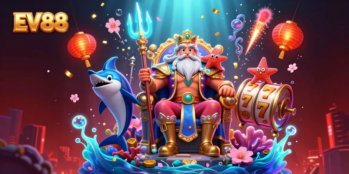 Engage with immersive games and promotions at EV88, featuring lively slot reels and festive elements.
